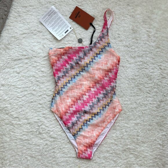 NWT Missoni One Piece Swimsuit Chevron Pink One Shoulder Bodysuit New XS 36 - Picture 7 of 11
